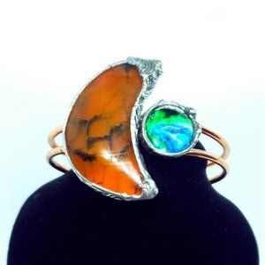 Orange moon agate and resin earth cabochon adjustable spring closure bracelet